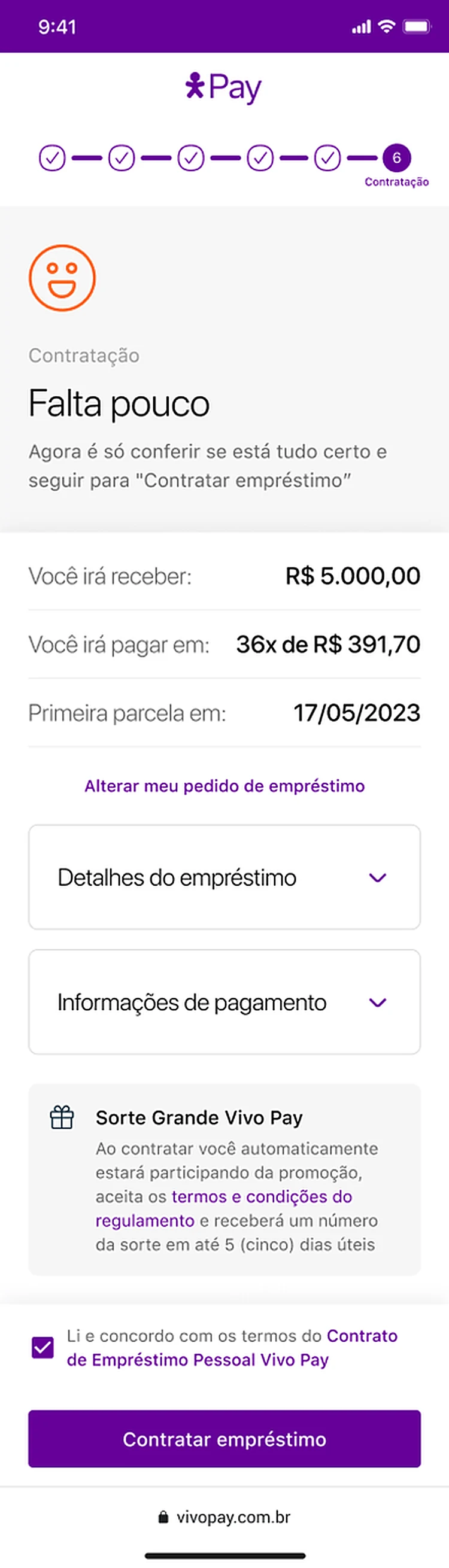 Assinatura com o resumo do empréstimo