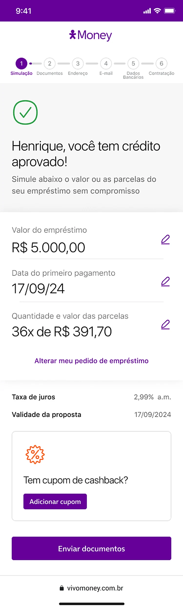 Simulador com crédito aprovado e campos editáveis