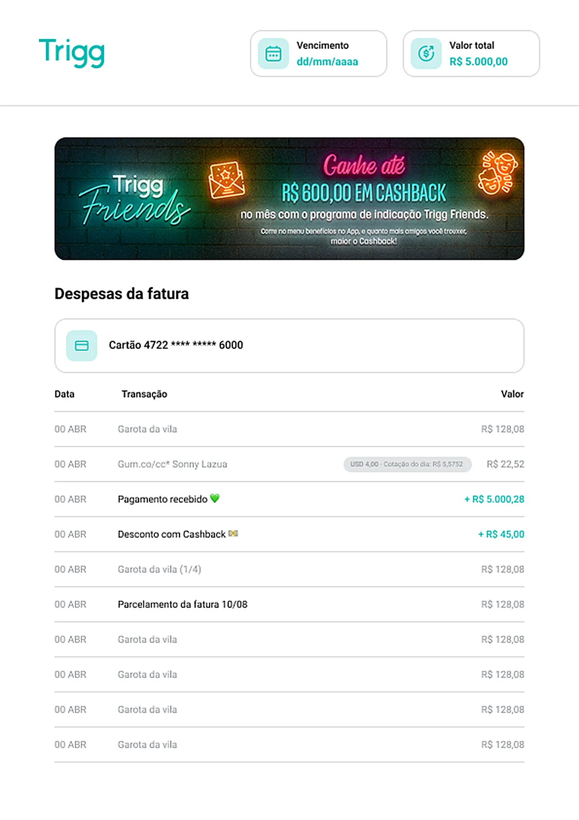 Página com a vitrine Trigg Friends e as despesas