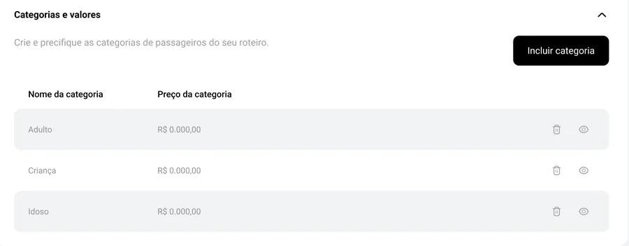 Categorias e valores do roteiro