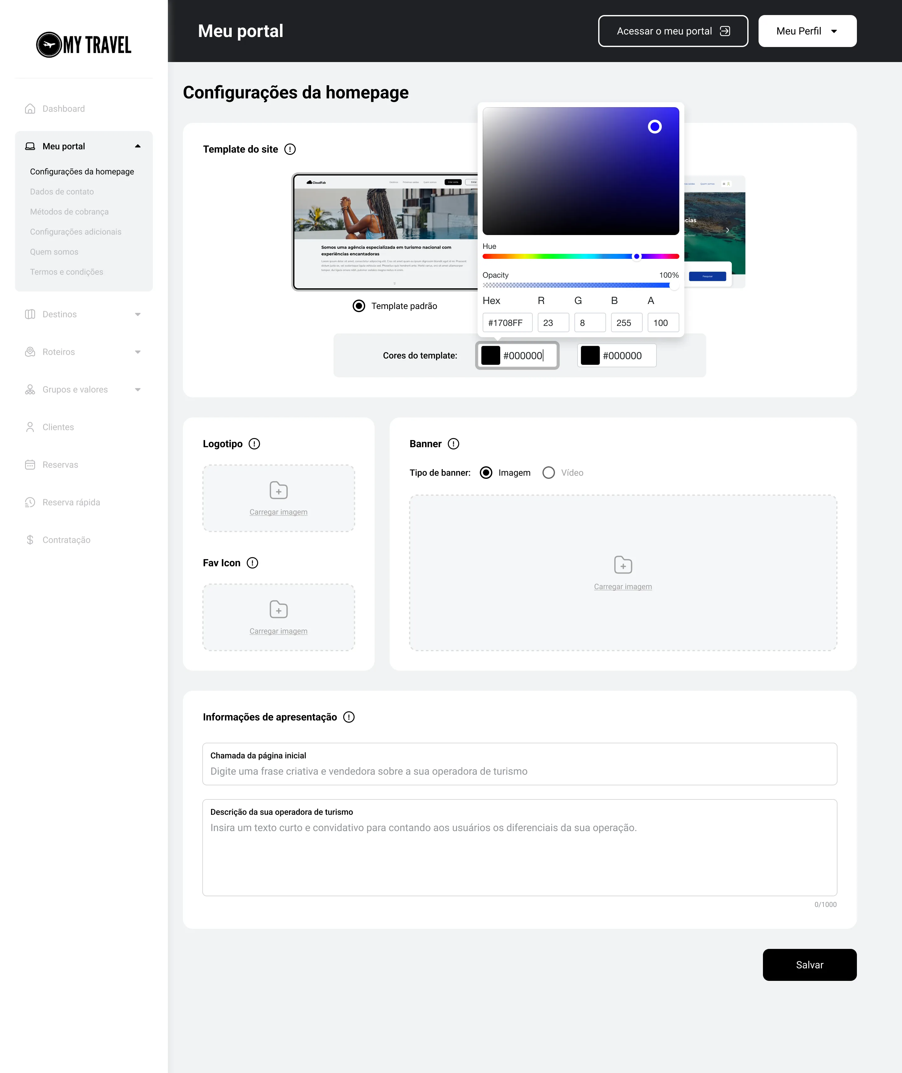 Configurações da homepage com template e cor
