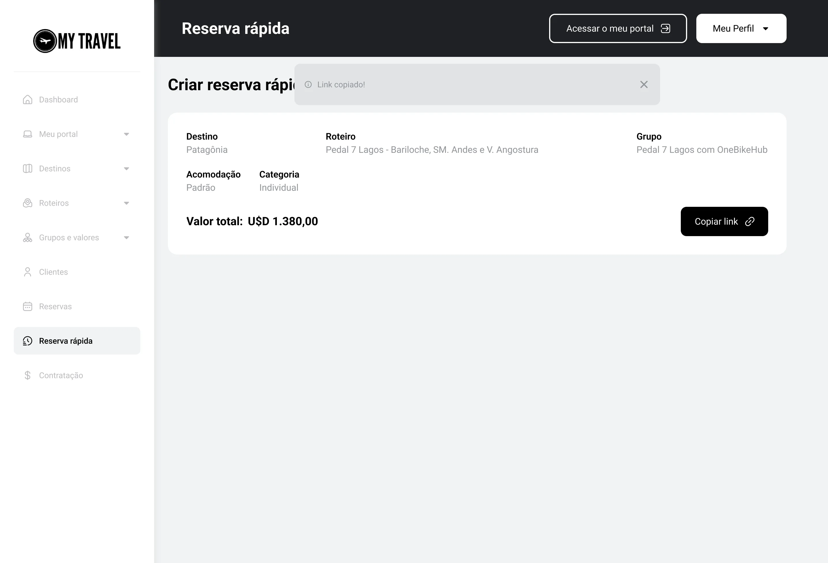 Reserva rápida com o link copiado