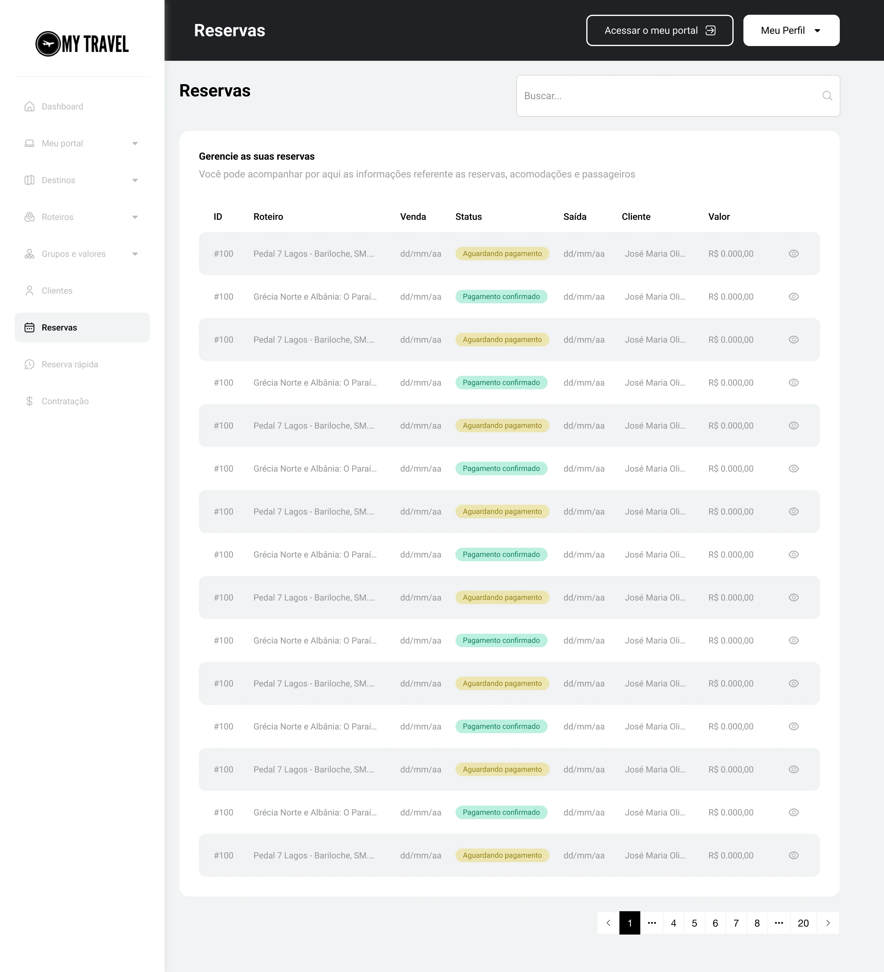 Lista de reservas com o status do pagamento