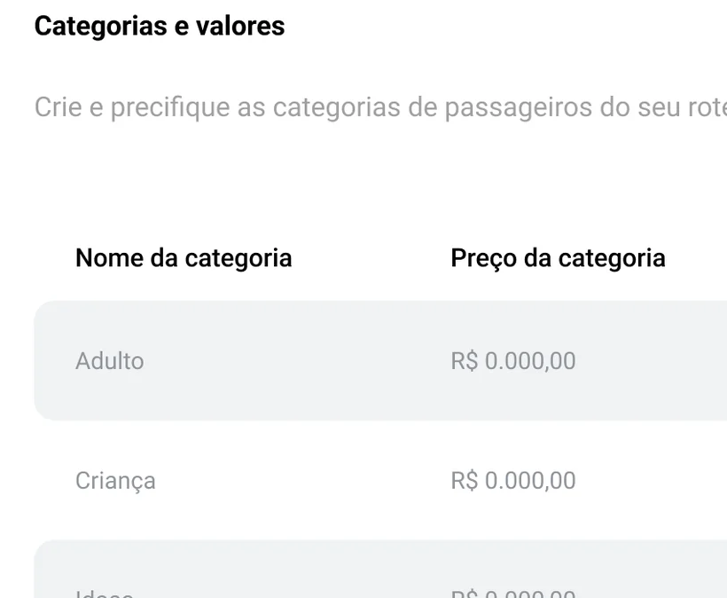 Categorias e valores do roteiro