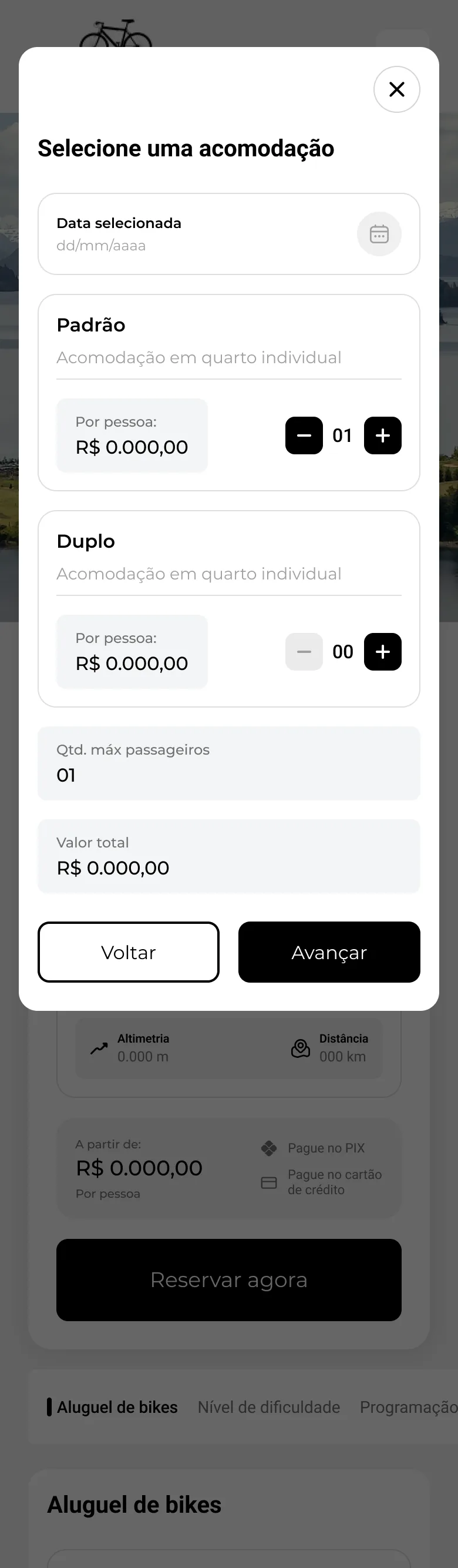 Seleção de acomodação e passageiros