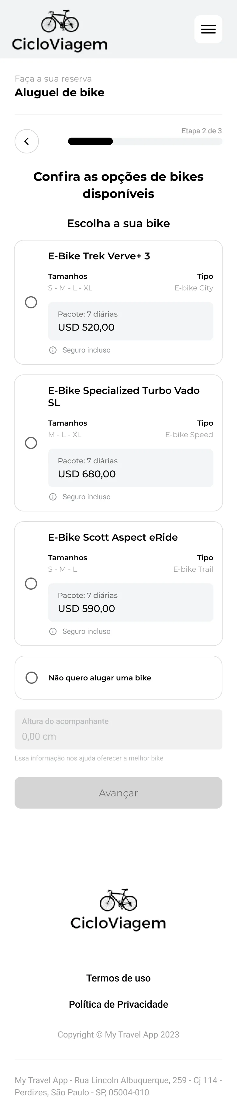 Escolha da bike para alugar