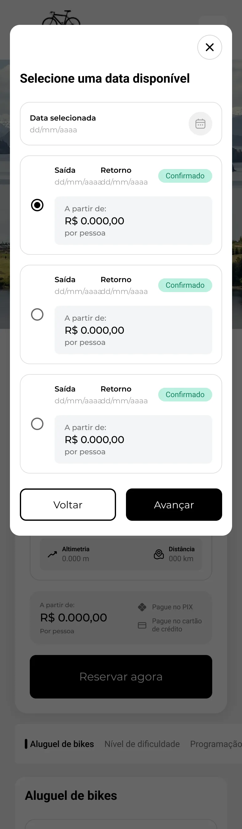 Seleção da data de saída com status e preço