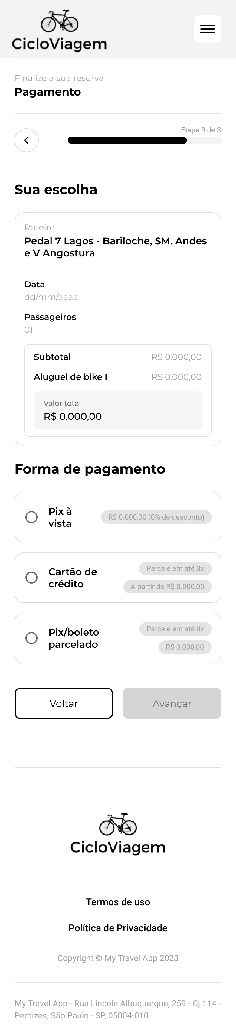 Resumo da reserva e formas de pagamento