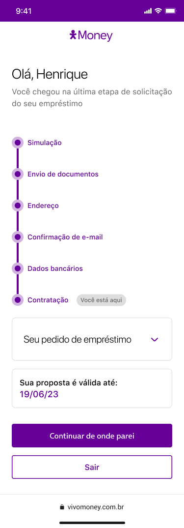 Tela de retomada na última etapa, Contratação