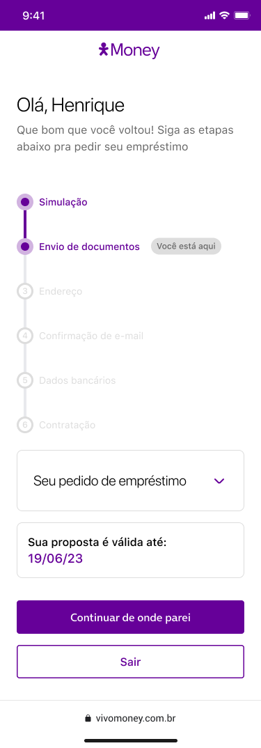 Tela de retomada com a etapa Envio de documentos em destaque