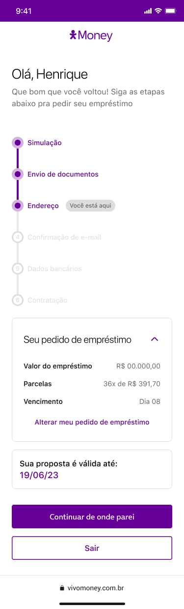 Tela de retomada com os detalhes do pedido abertos
