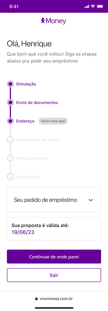 Tela de retomada na etapa Endereço
